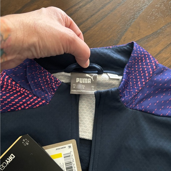 Puma Slim Fit Navy Zip Shirt with Pink Puma Logo and Pink Accent Pattern - Picture 8 of 8